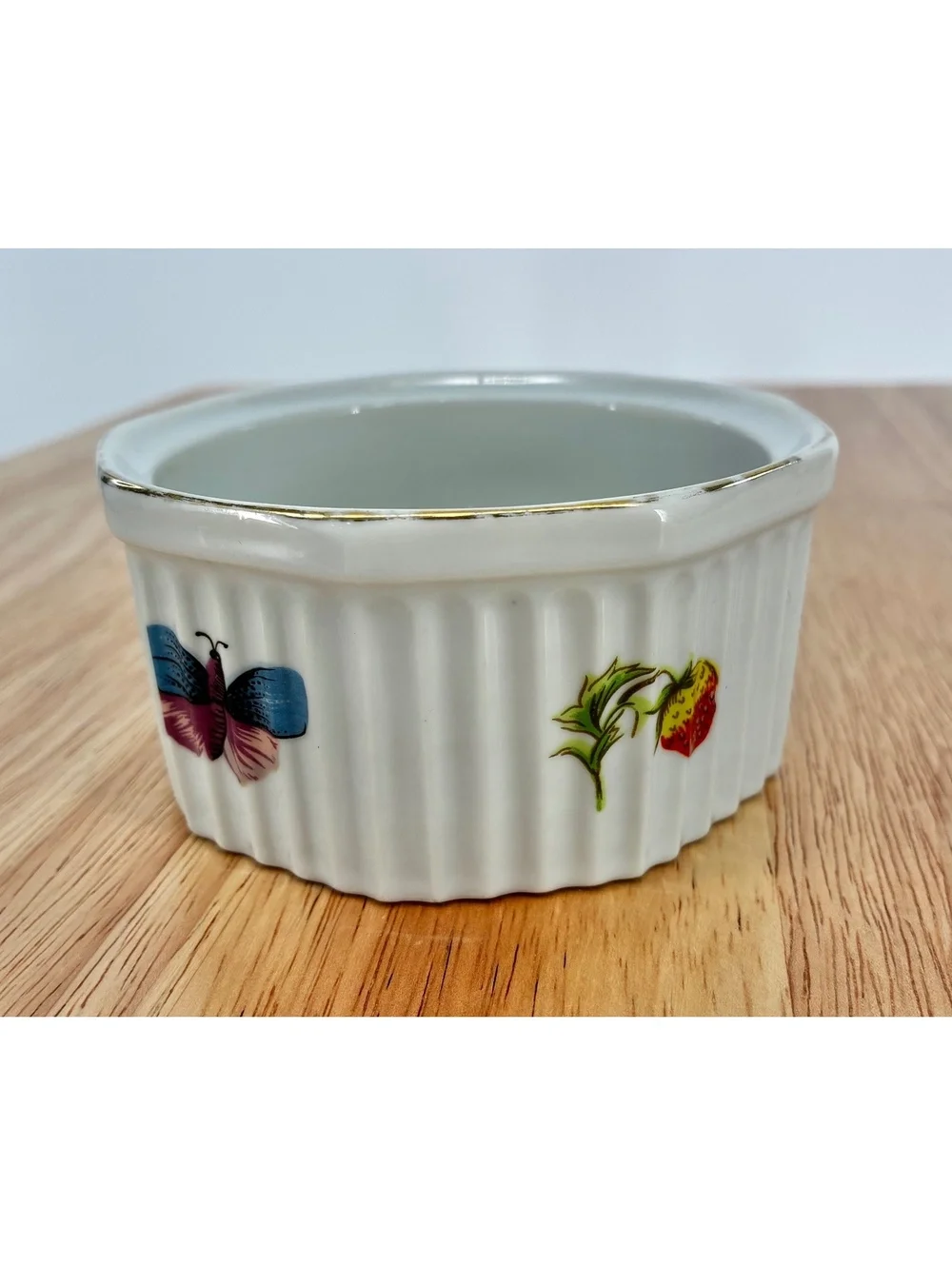 Vintage Mid Century Strawberry & Butterfly Porcelain Ramekin Gold Trim Japan